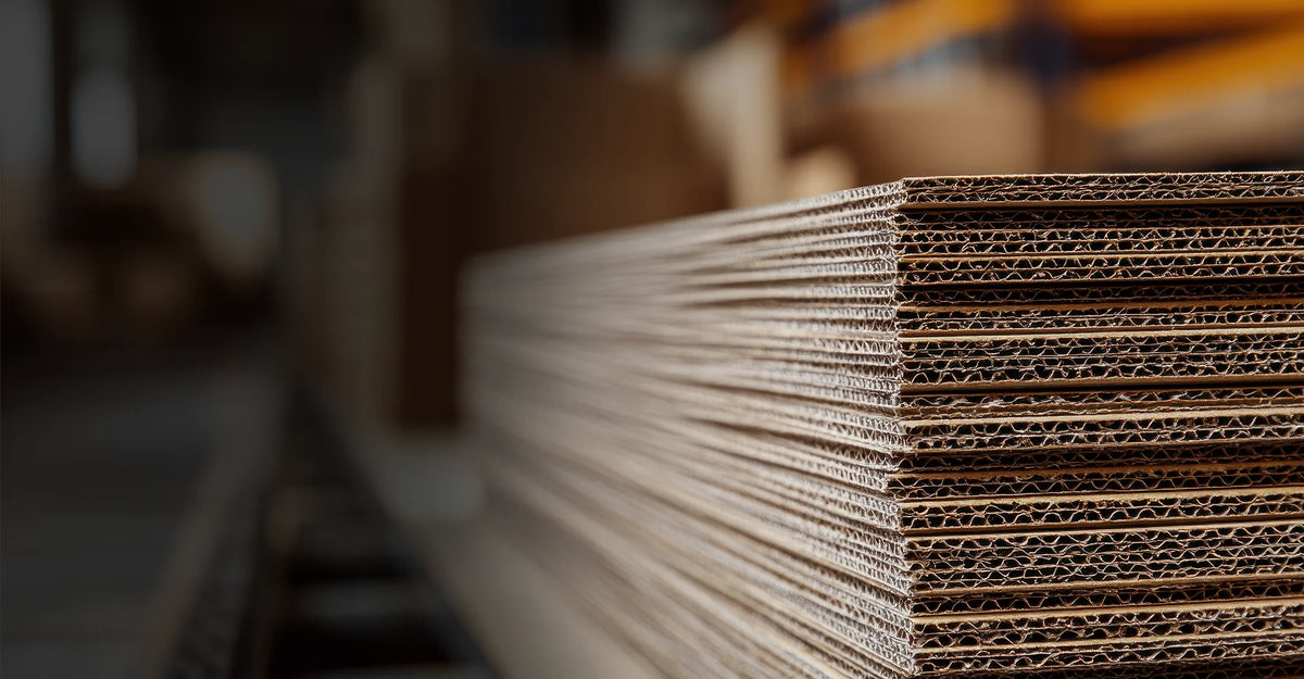 Stack of corrugated cardboard sheets in a warehouse setting