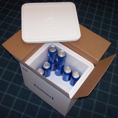 Open insulated box with blue cans of Pepsi on a checkered surface