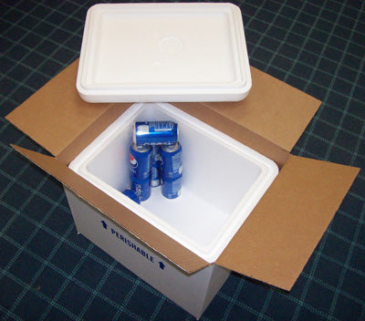 Insulated cooler box with blue cans on a grid background