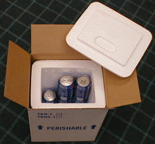 Open insulated box with blue cans of Pepsi on a checkered surface
