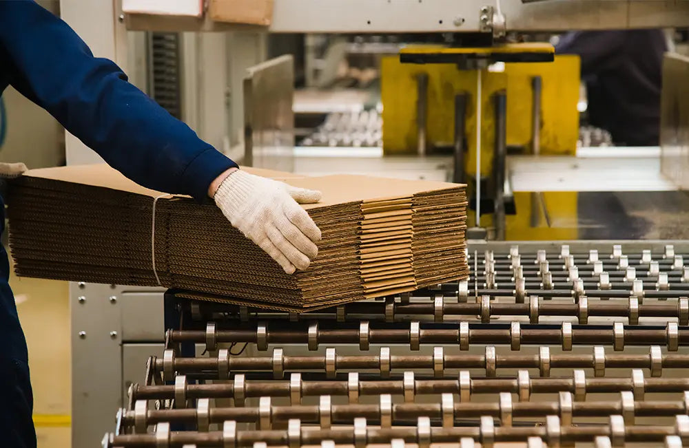 Person handling cardboard boxes on a conveyor belt