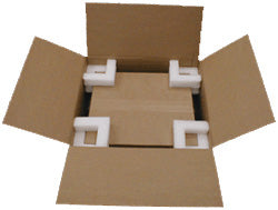 Open cardboard box with protective foam inserts on a white background